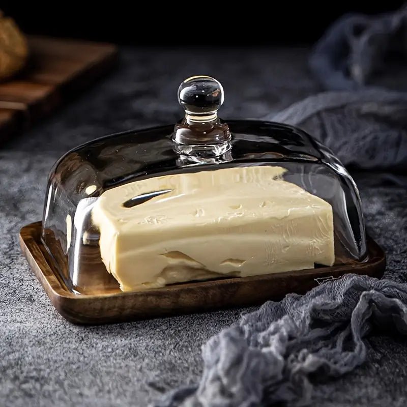 Elegant Glass Butter Dish with Lid – Natural Wooden Base and Timeless Design 0