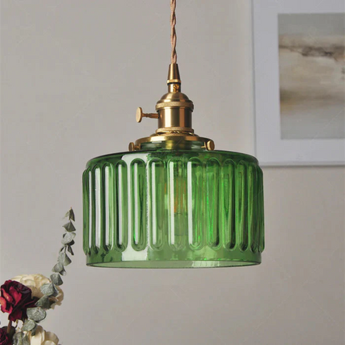 Elegant Glass Pendant Light | Ribbed Green Shade with Brass Fixture