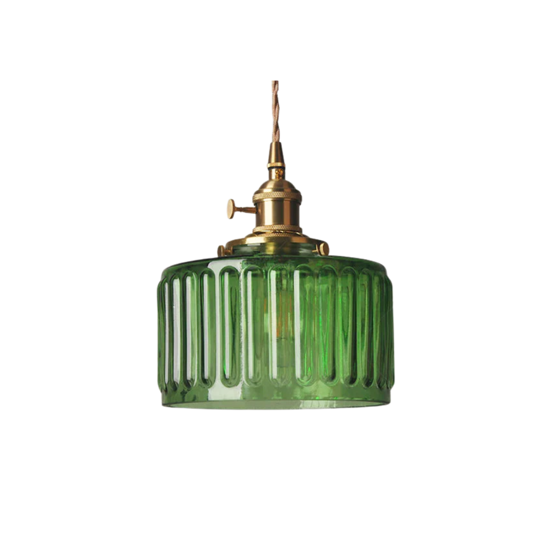 Elegant Glass Pendant Light – Ribbed Green Shade with Brass Fixture 1