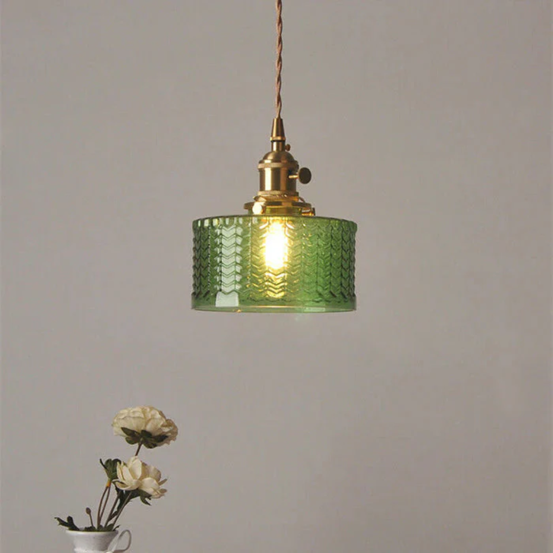 Elegant Glass Pendant Light – Ribbed Green Shade with Brass Fixture 16