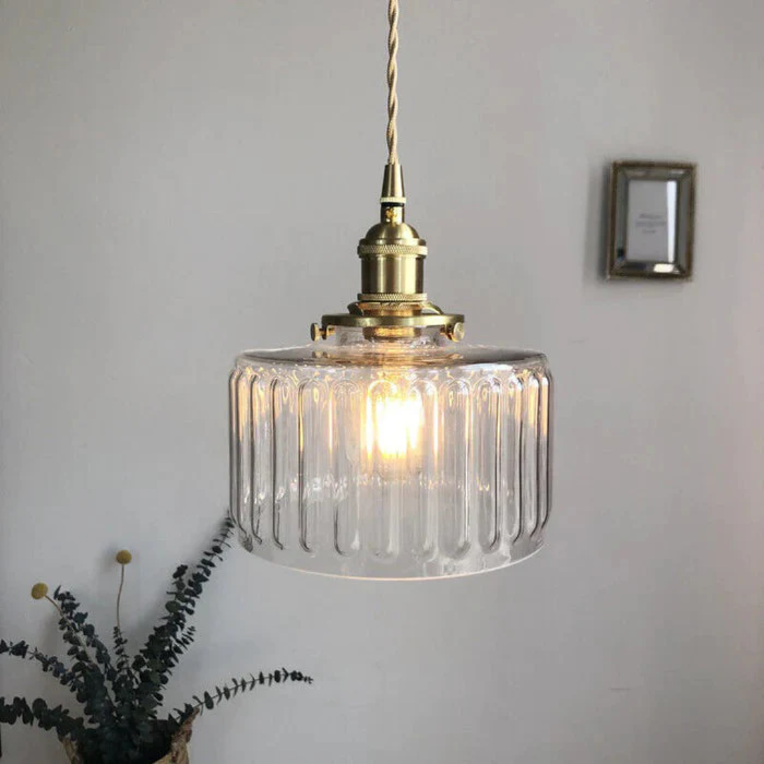 Elegant Glass Pendant Light – Ribbed Green Shade with Brass Fixture 17