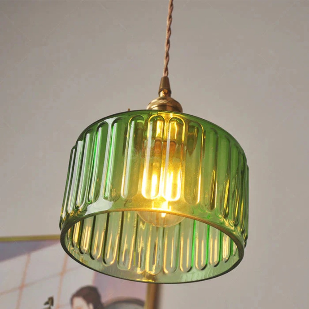 Elegant Glass Pendant Light – Ribbed Green Shade with Brass Fixture 4