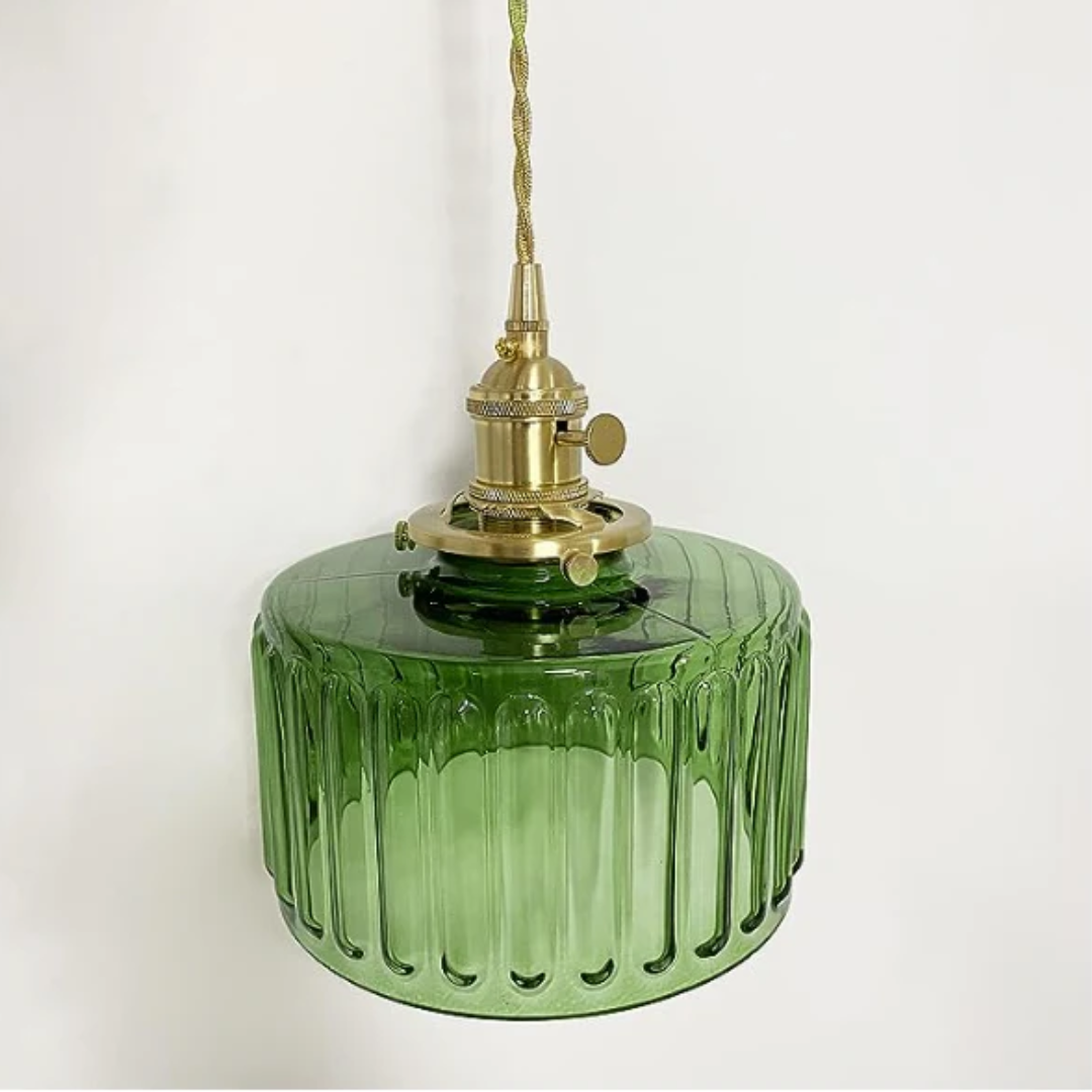 Elegant Glass Pendant Light – Ribbed Green Shade with Brass Fixture 5