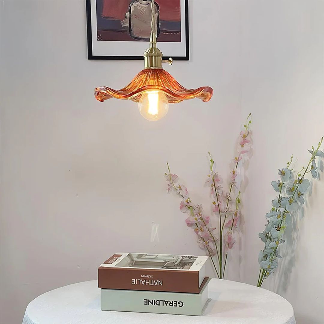 Elegant Glass Pendant Light – Sculpted Floral Design with Brass Fixture 11