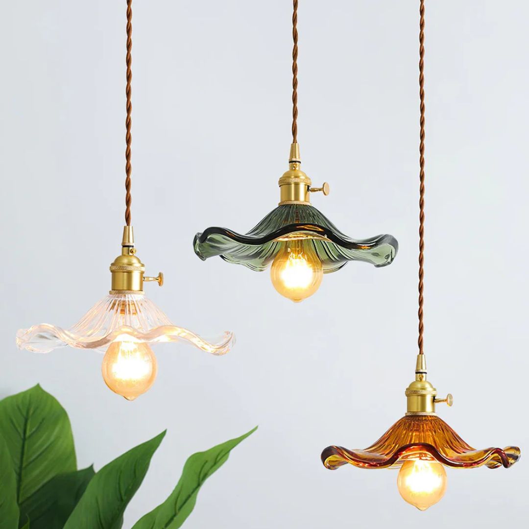 Elegant Glass Pendant Light – Sculpted Floral Design with Brass Fixture 2