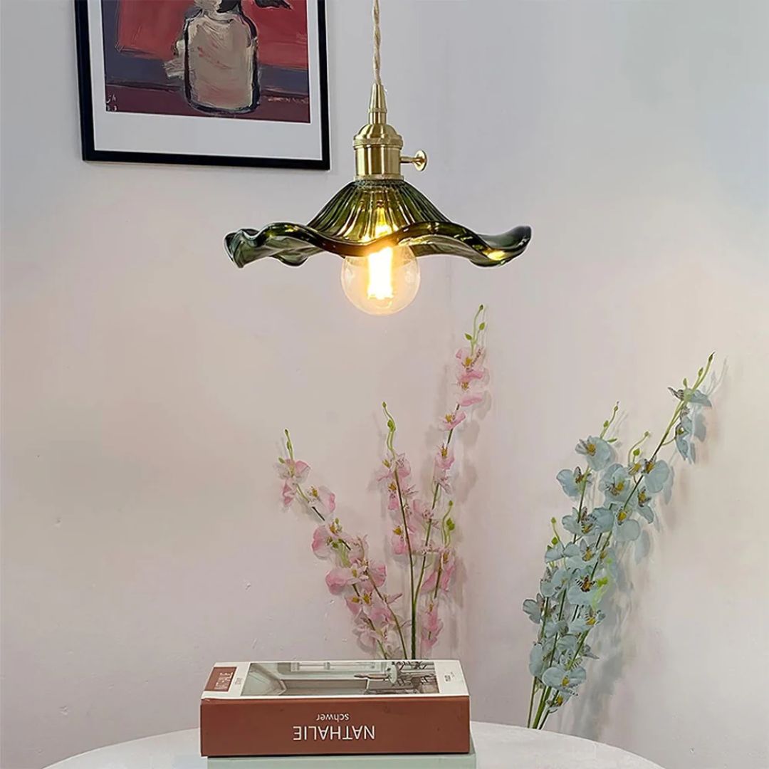Elegant Glass Pendant Light – Sculpted Floral Design with Brass Fixture 3