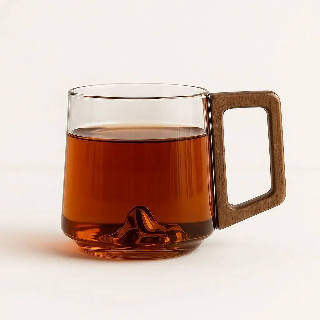Elegant Heat-Resistant Glass Coffee Mug with Wooden Handle and Unique Mountain Base 0