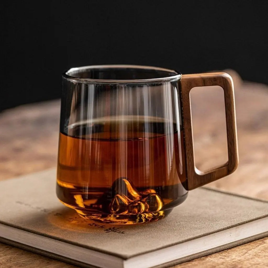 Elegant Heat-Resistant Glass Coffee Mug with Wooden Handle and Unique Mountain Base 2