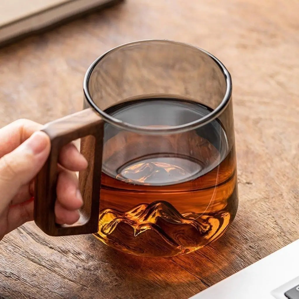 Elegant Heat-Resistant Glass Coffee Mug with Wooden Handle and Unique Mountain Base 3