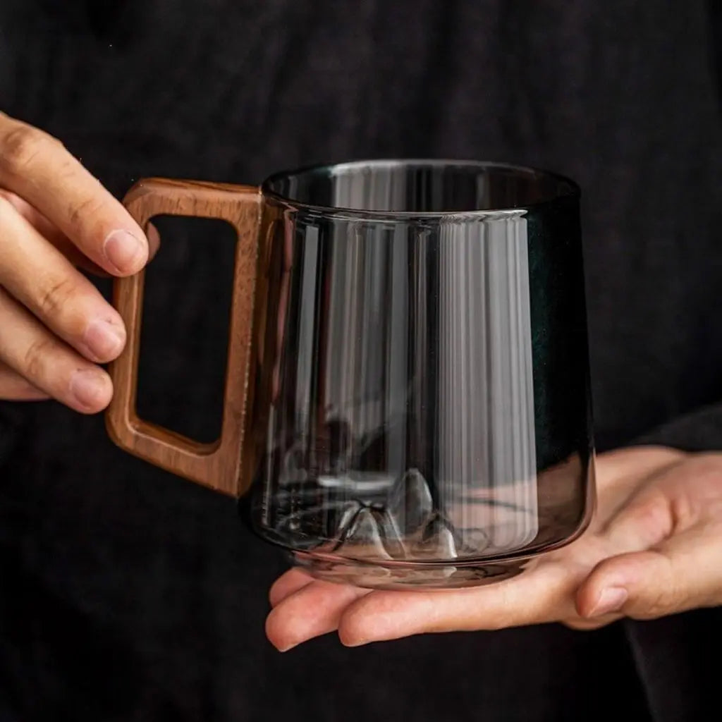 Elegant Heat-Resistant Glass Coffee Mug with Wooden Handle and Unique Mountain Base 4