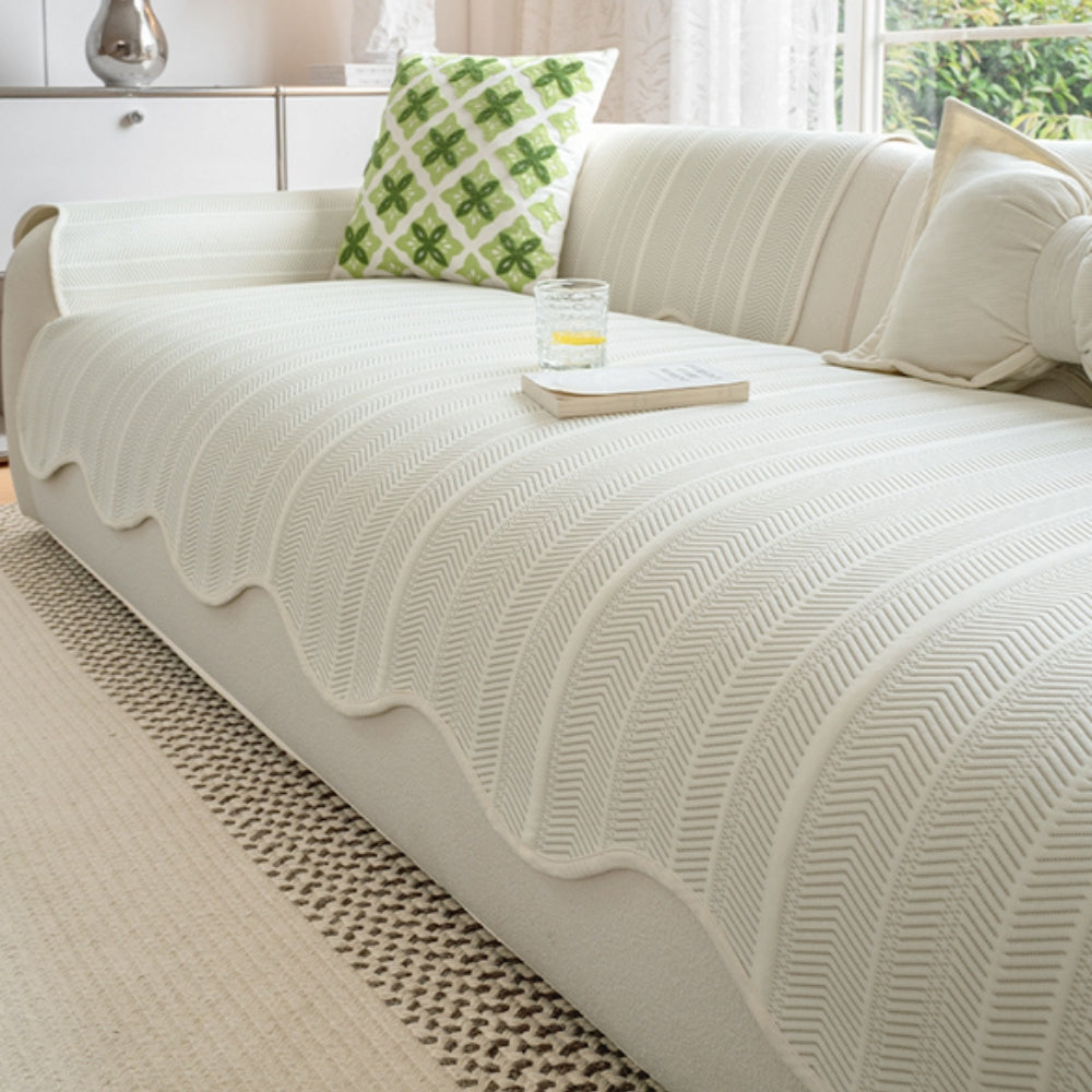 Elegant Herringbone Sofa Cover – Soft Microfiber Blend with Scalloped Edge 0