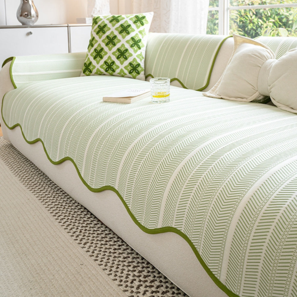 Elegant Herringbone Sofa Cover – Soft Microfiber Blend with Scalloped Edge 1