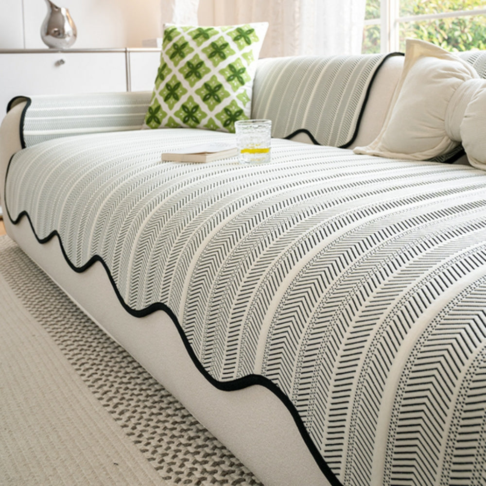 Elegant Herringbone Sofa Cover – Soft Microfiber Blend with Scalloped Edge 2
