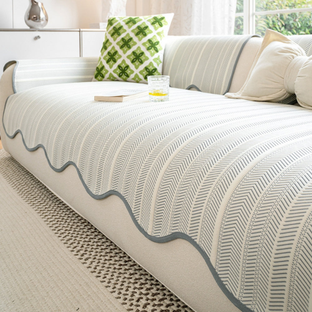 Elegant Herringbone Sofa Cover – Soft Microfiber Blend with Scalloped Edge 3