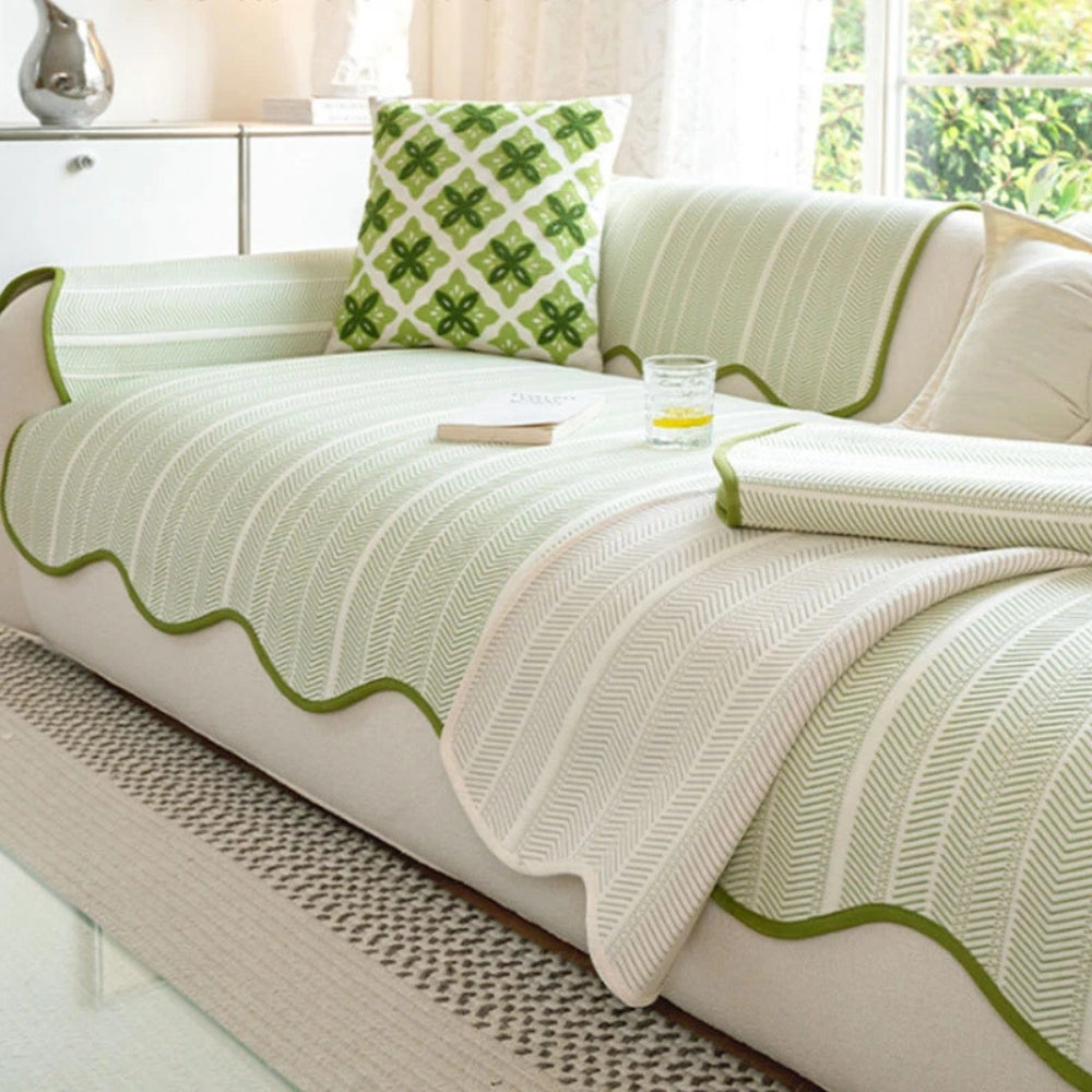 Elegant Herringbone Sofa Cover – Soft Microfiber Blend with Scalloped Edge 4