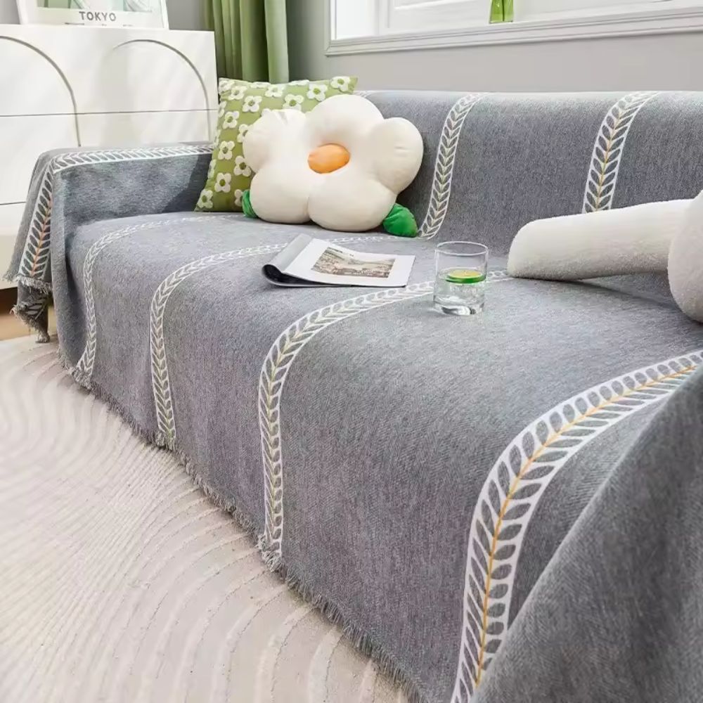 Elegant Leaf Sofa Cover – Premium Chenille with Intricate Weave and Secure Fit 0