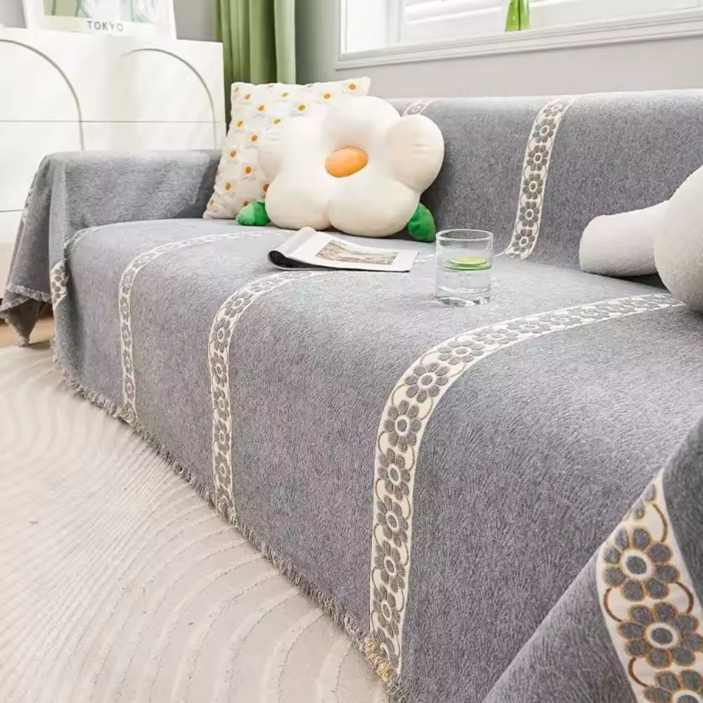 Elegant Leaf Sofa Cover – Premium Chenille with Intricate Weave and Secure Fit 1