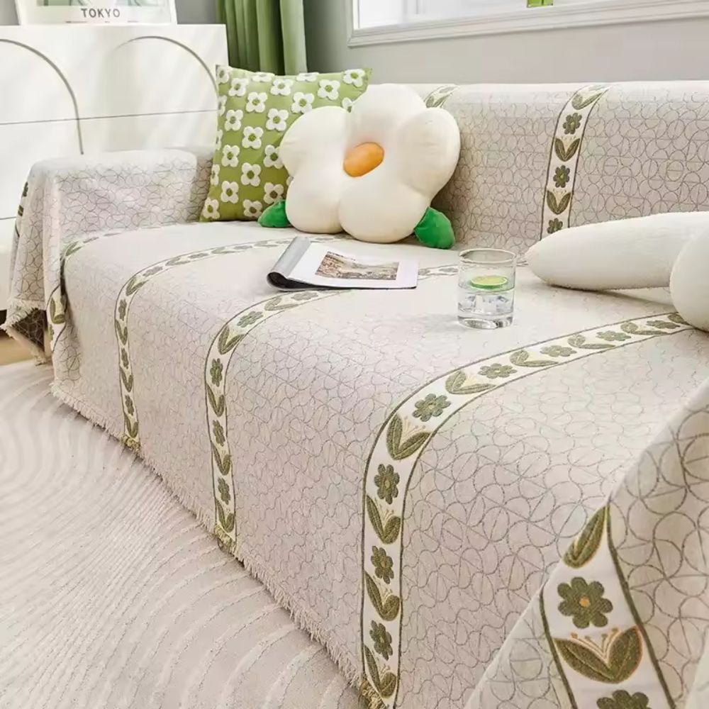Elegant Leaf Sofa Cover – Premium Chenille with Intricate Weave and Secure Fit 8