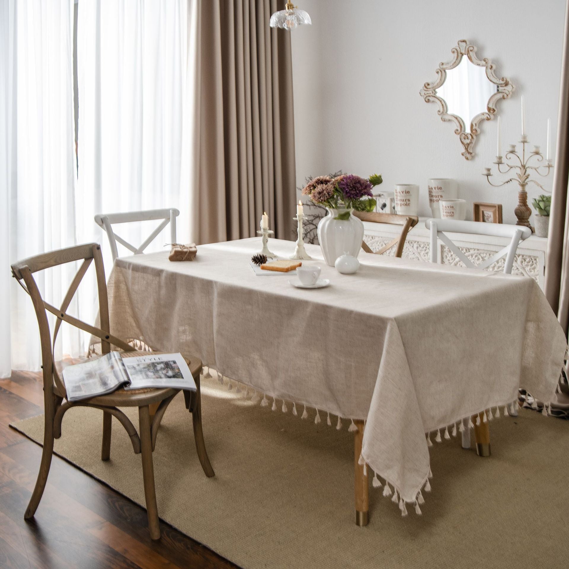 Elegant Linen Tablecloth with Tassels – Durable Polyester Fabric for Stylish Dining 0
