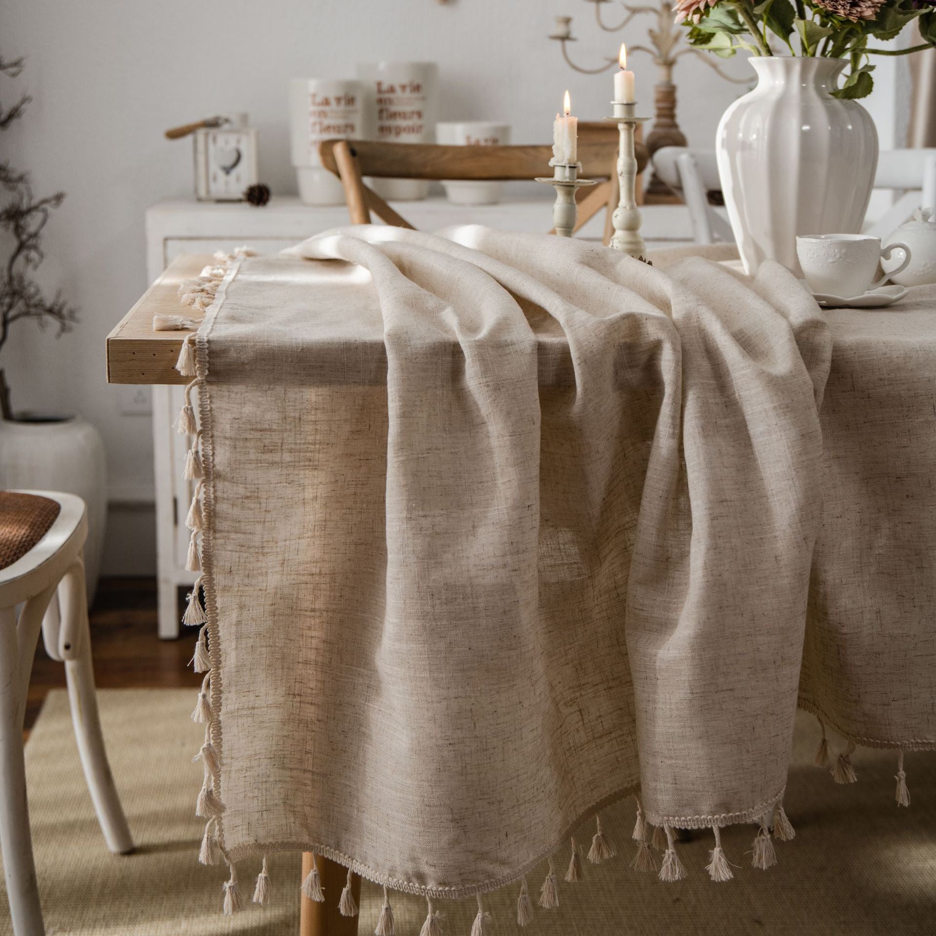 Elegant Linen Tablecloth with Tassels – Durable Polyester Fabric for Stylish Dining 1