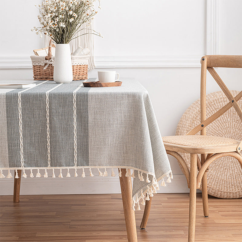 Elegant Minimalist Tablecloth with Hand-Knotted Tassels – Cotton Linen Blend for Indoor and Outdoor Use 0