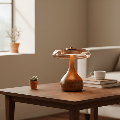 Elegant Modern Wood Table Lamp | Amber Glass Shade and LED Light