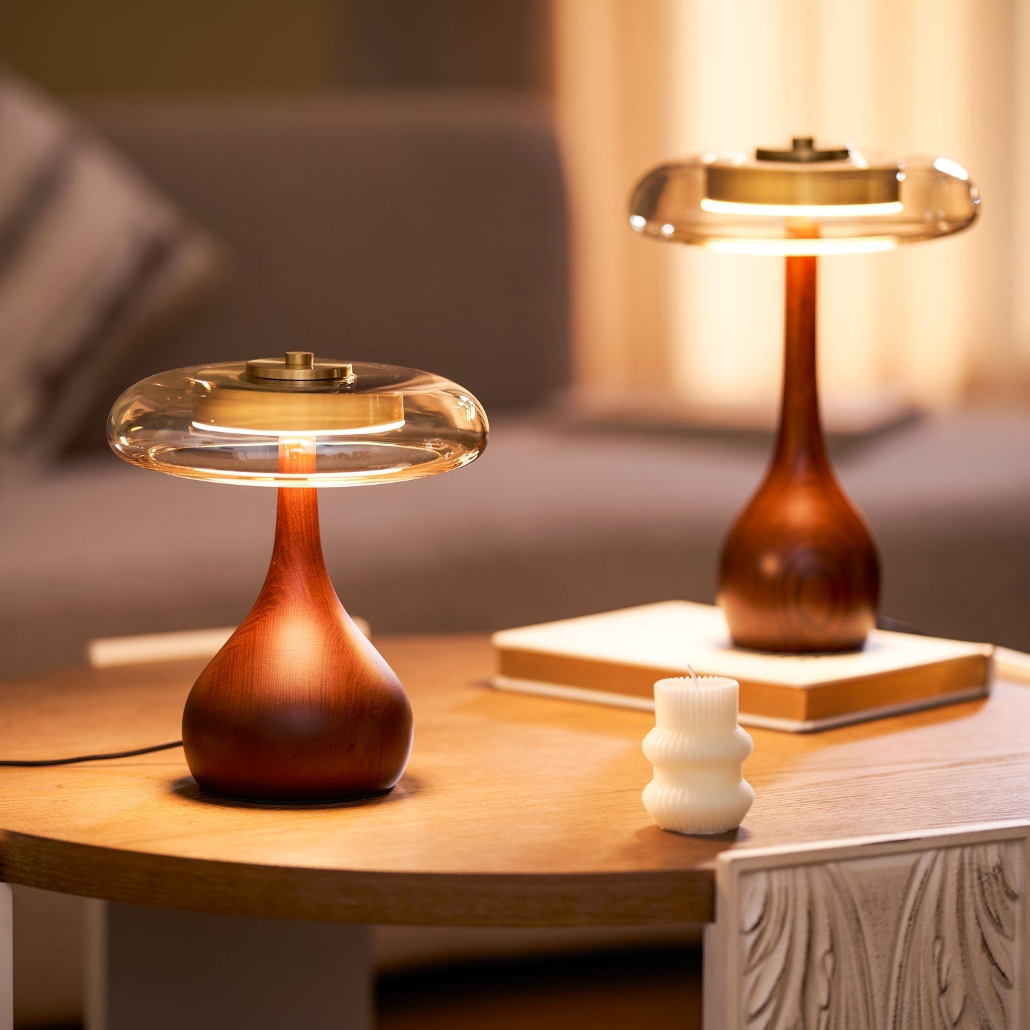 Elegant Modern Wood Table Lamp with Amber Glass Shade and LED Light 6