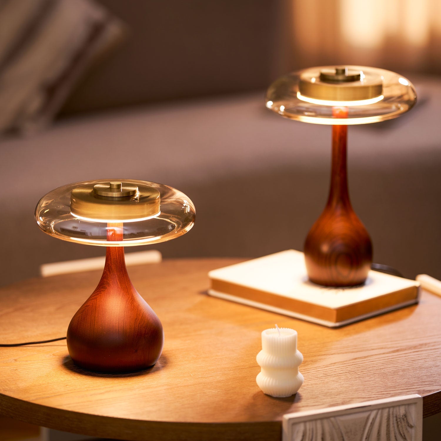 Elegant Modern Wood Table Lamp with Amber Glass Shade and LED Light 7