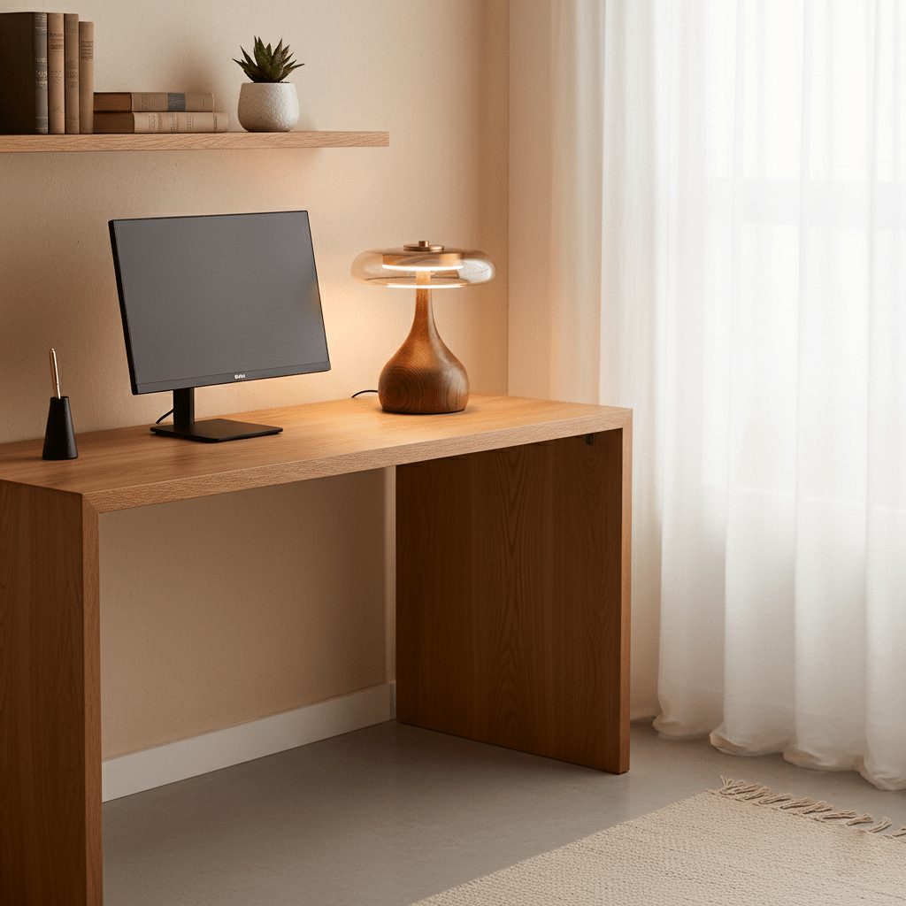 Elegant Modern Wood Table Lamp with Amber Glass Shade and LED Light 8