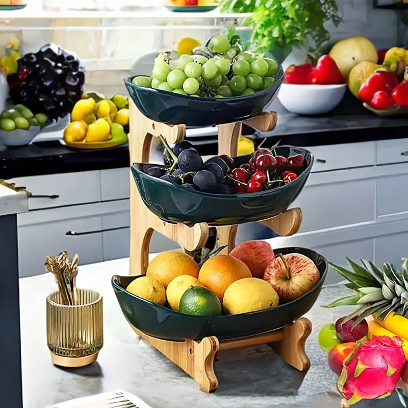 Elegant Tiered Fruit Stand – Modern Scandinavian Design with Durable Wood and Stainless Steel 7