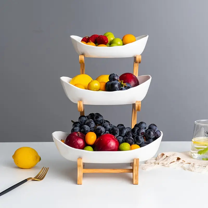 Elegant Tiered Fruit Stand – Modern Scandinavian Design with Durable Wood and Stainless Steel 8