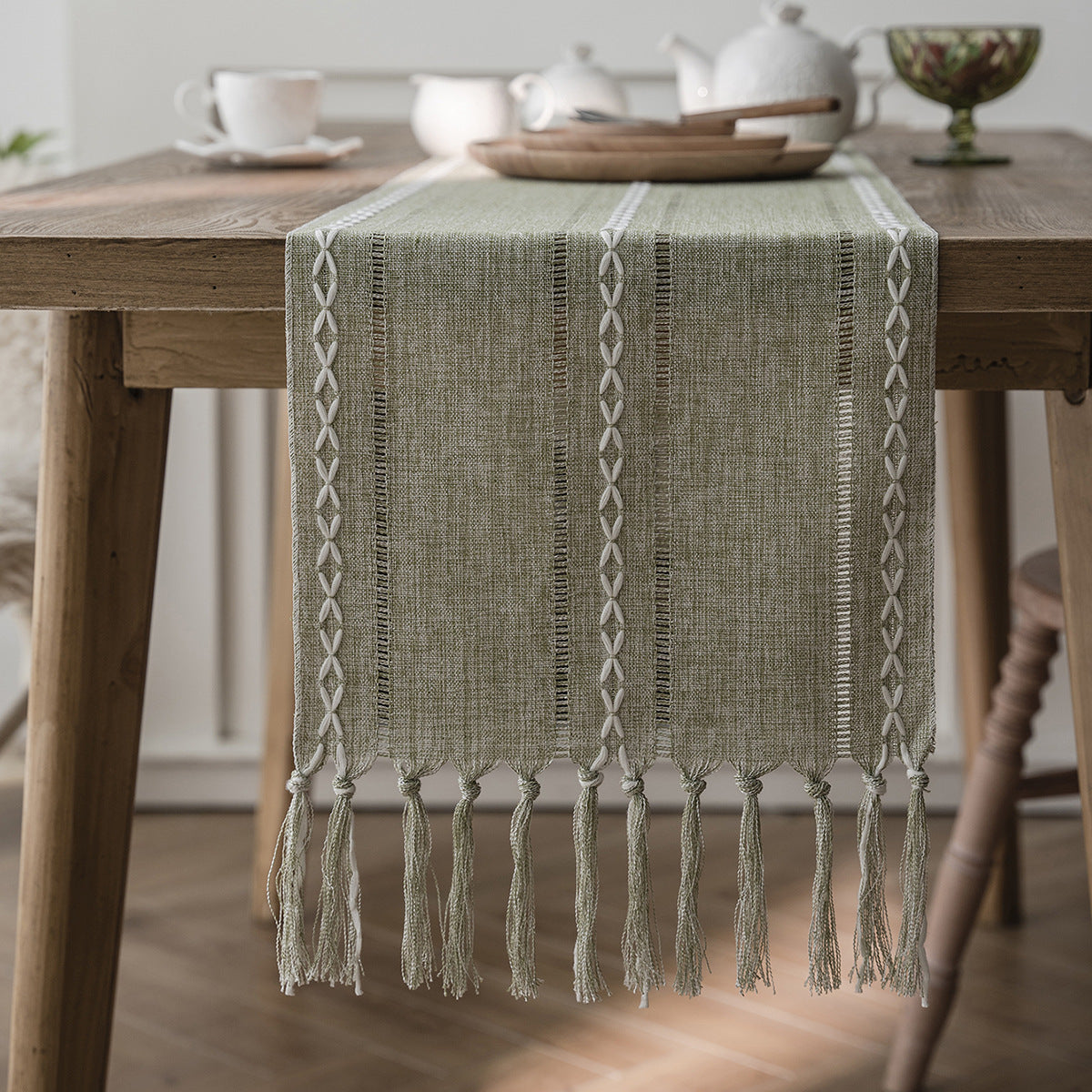 Elegant White Christmas Table Runner with Braided Design and Tassels 0