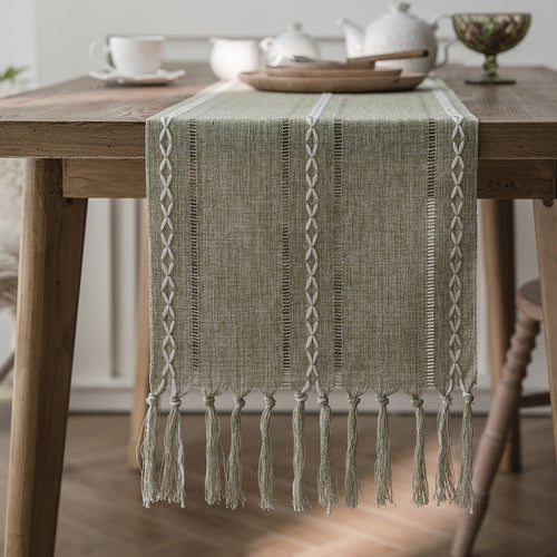 Elegant White Christmas Table Runner with Braided Design and Tassels