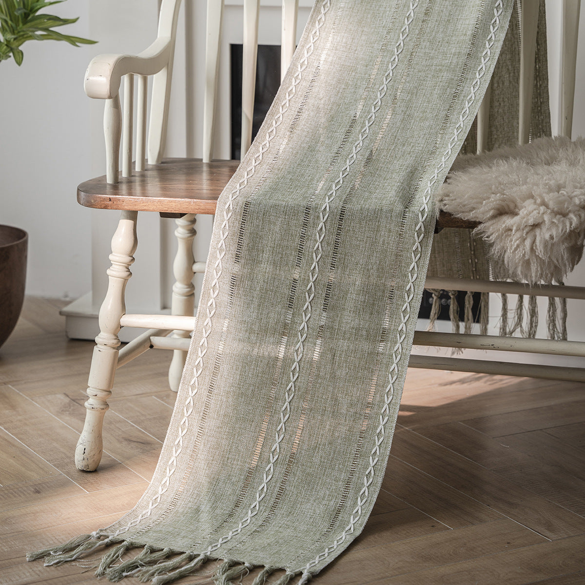 Elegant White Christmas Table Runner with Braided Design and Tassels 4