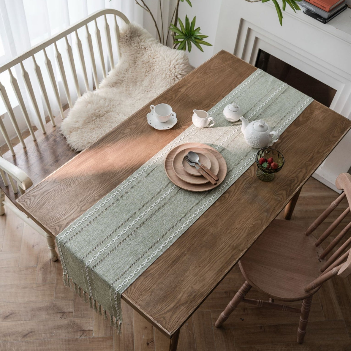 Elegant White Christmas Table Runner with Braided Design and Tassels 6