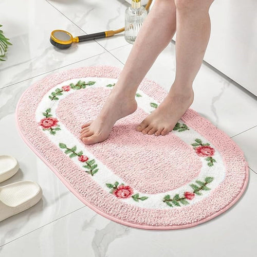 Floral Oval Bath Mat | Non-Slip Plush Pink Rose Tufted Microfiber Rug