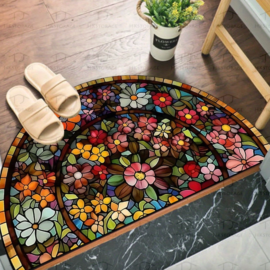 Colorful stained glass style floor mat beside sandals on marble floor