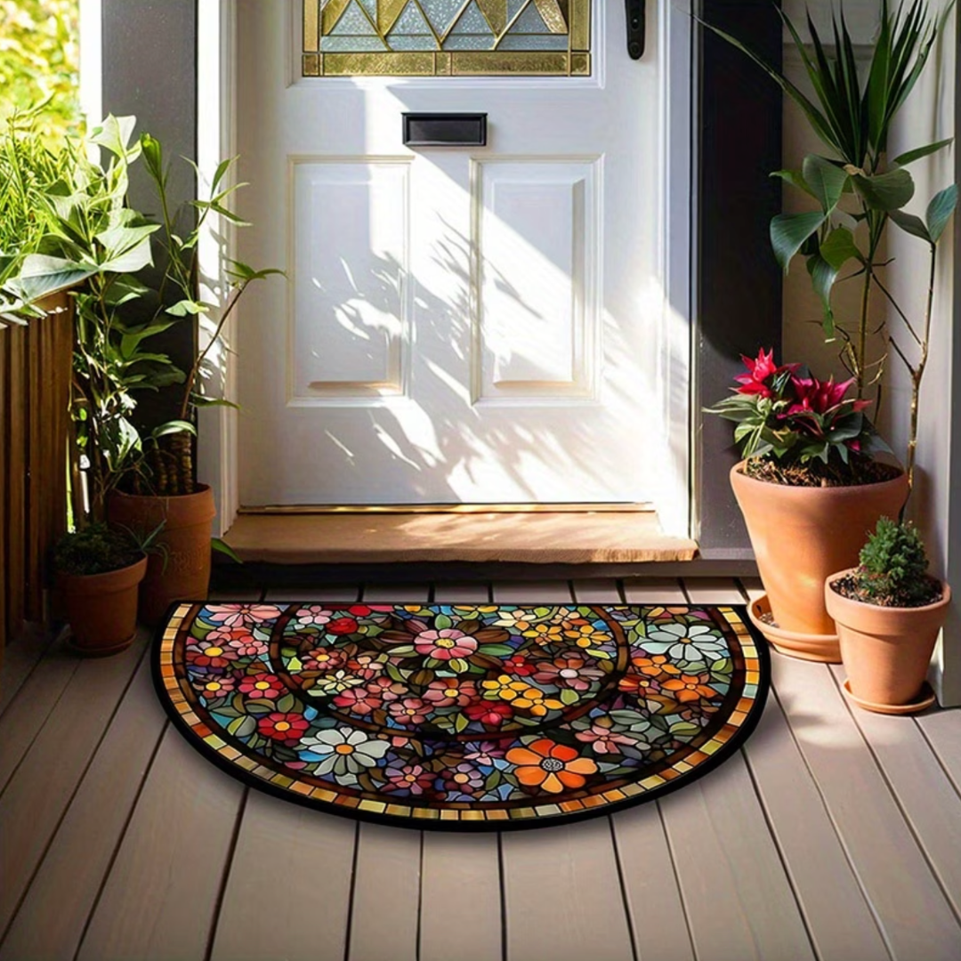 Vibrant mosaic garden welcome mat on wooden porch in front of door