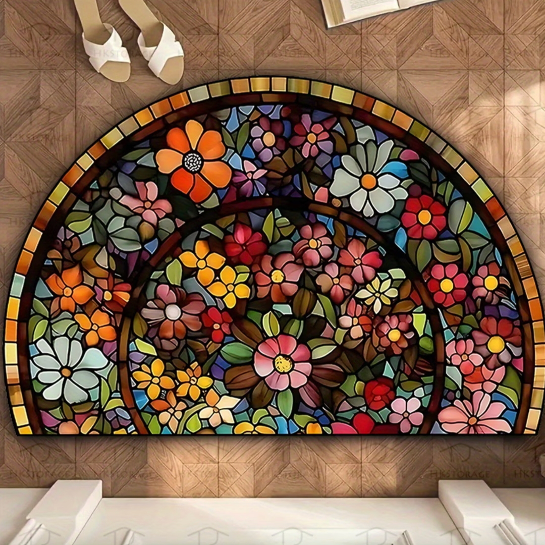 Floral stained glass design doormat laid flat on wood-patterned flooring