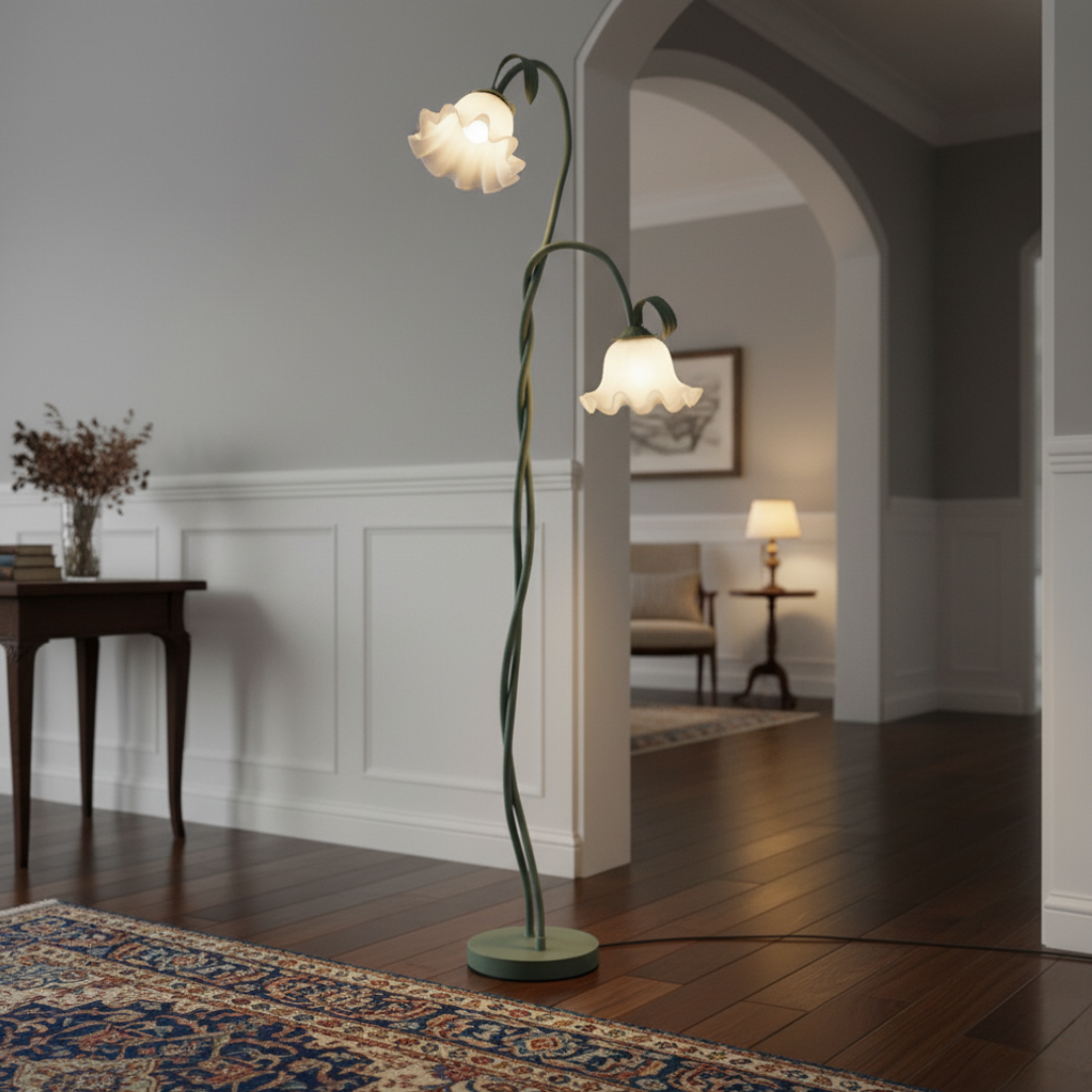 FloreoAura Floral Floor Lamp - White Blossom & Green Stem Botanical Standing Light 0