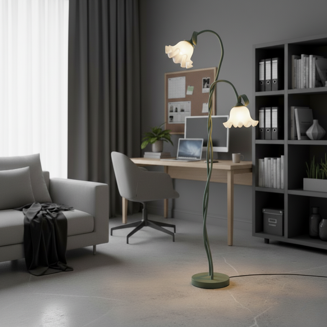 FloreoAura Floral Floor Lamp - White Blossom & Green Stem Botanical Standing Light 1
