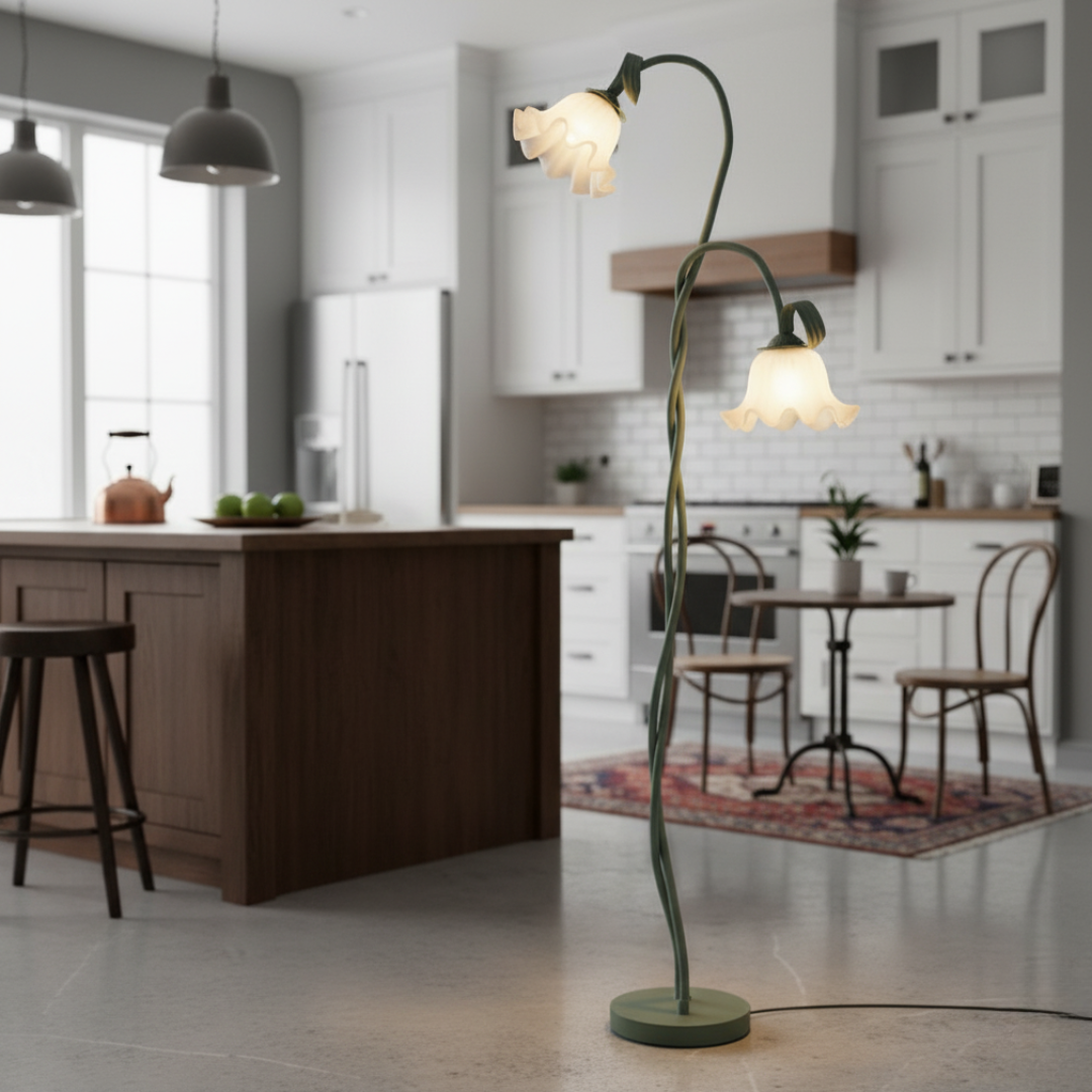 FloreoAura Floral Floor Lamp - White Blossom & Green Stem Botanical Standing Light 2