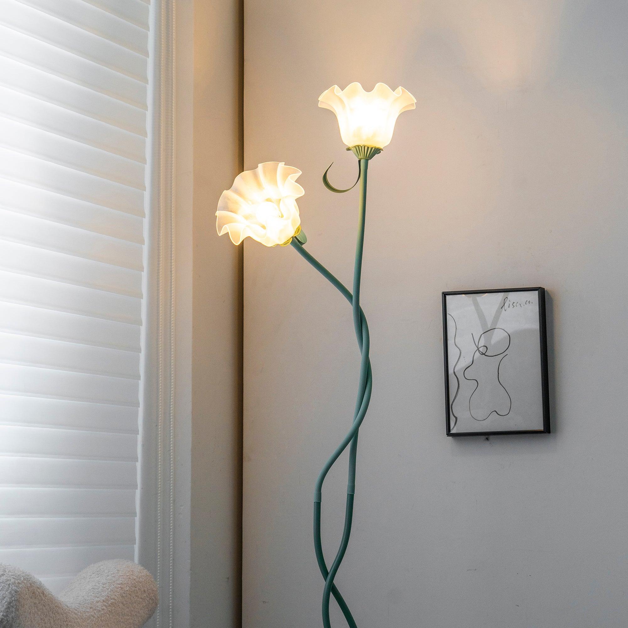 FloreoAura Floral Floor Lamp - White Blossom & Green Stem Botanical Standing Light 4