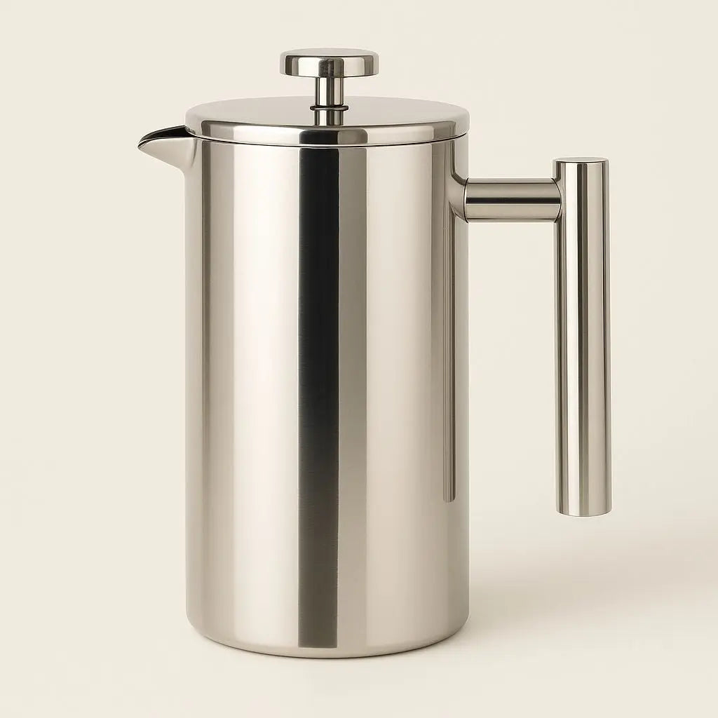 Front view brushed stainless steel French press on white background