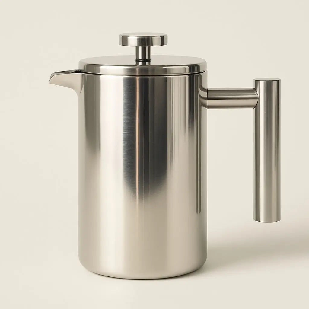Minimalist brushed stainless steel French press with clean lines