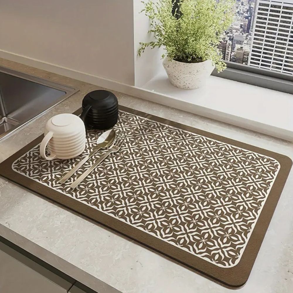 Brown silicone dish drying mat featuring white mandala pattern
