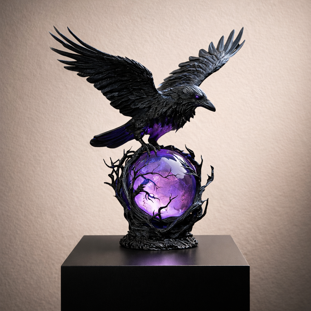 Gothic Raven Table Lamp – Intricate Design with Enchanting Purple Glow 0