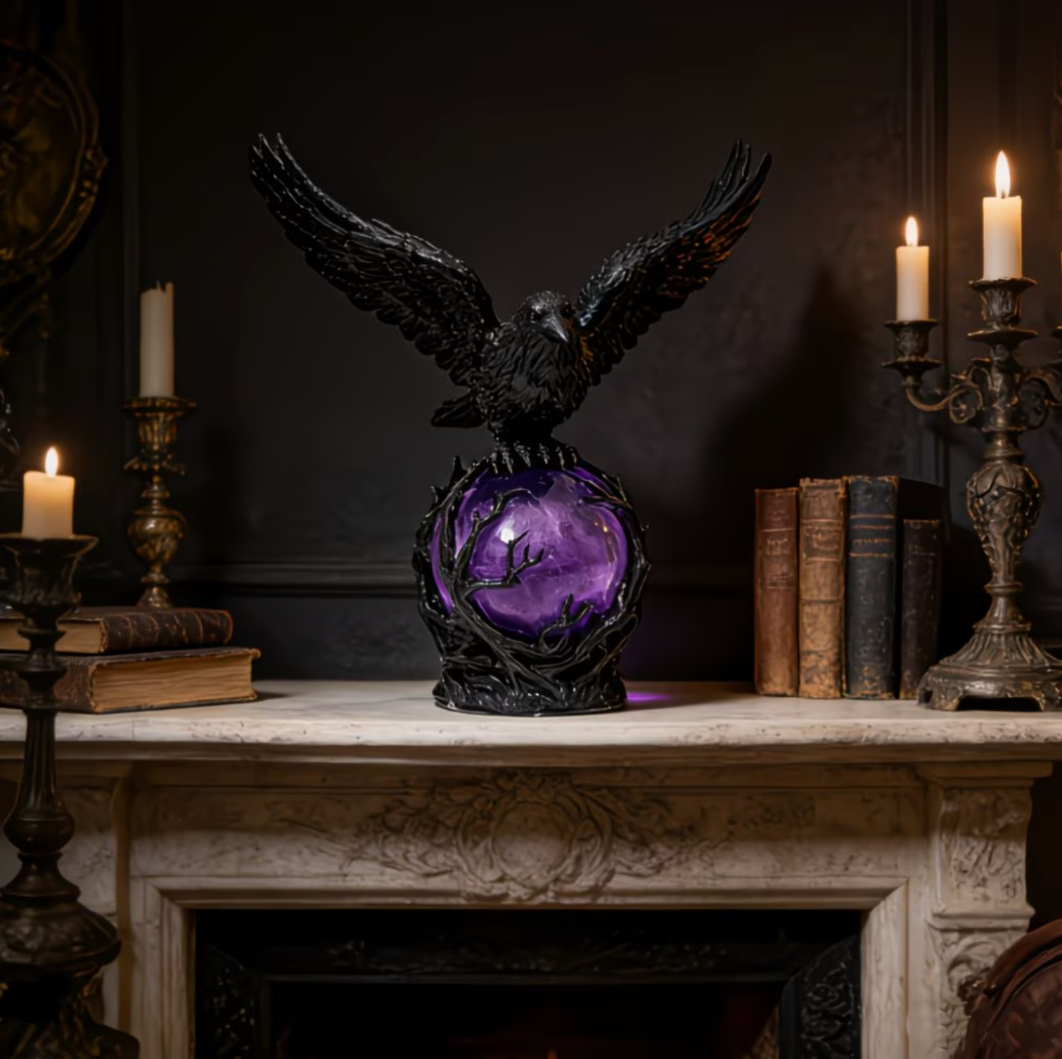 Gothic Raven Table Lamp – Intricate Design with Enchanting Purple Glow 1
