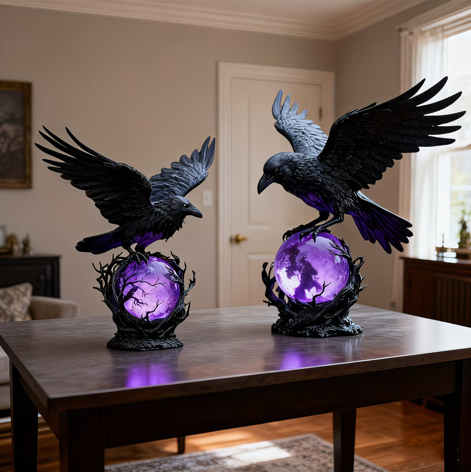 Gothic Raven Table Lamp – Intricate Design with Enchanting Purple Glow 2