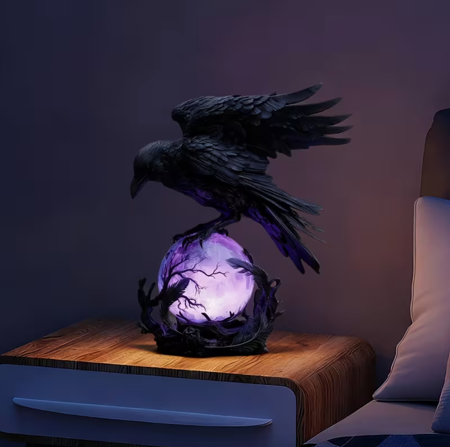 Gothic Raven Table Lamp – Intricate Design with Enchanting Purple Glow 3